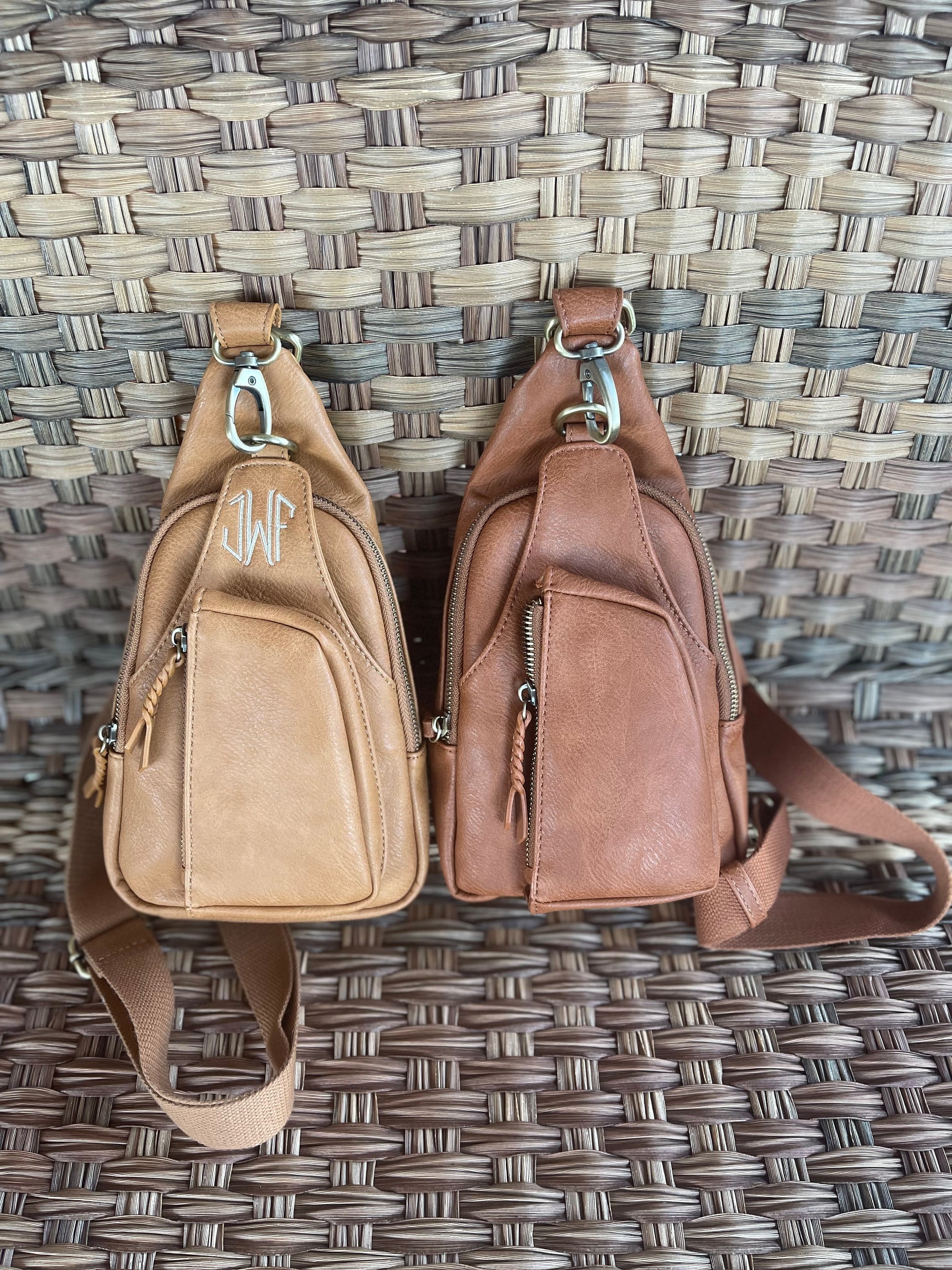 Monogrammed Vegan Leather Wristlet Handbag Camel