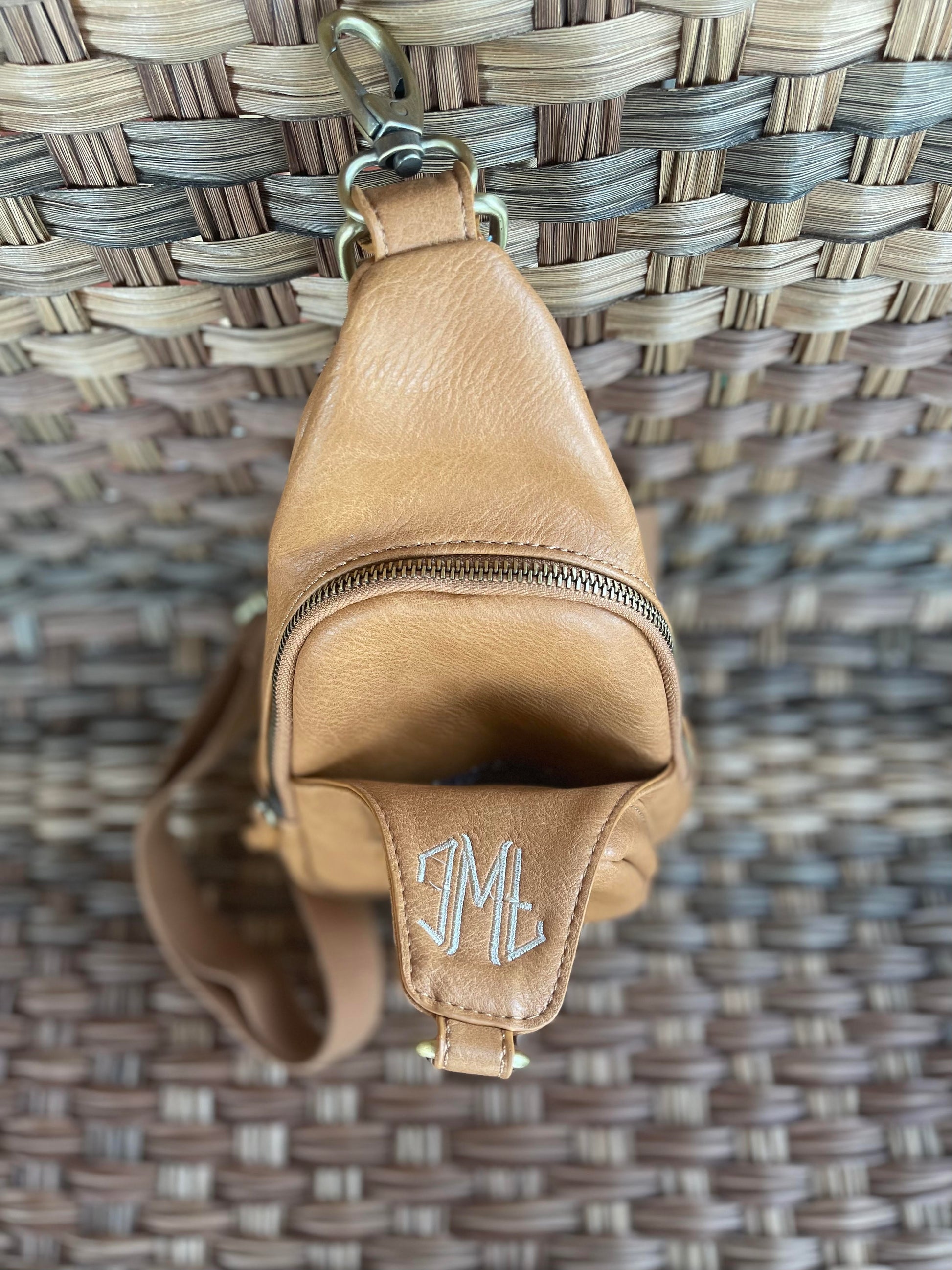 Monogrammed Vegan Leather Wristlet Handbag Camel